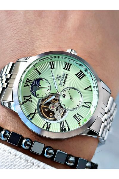 Reward Silver Color Automatic Mechanism Roman Numeral Men Wristwatch + Bracelet