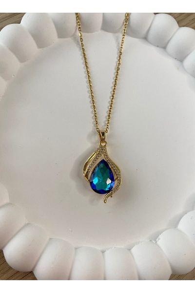 Mia Steel Necklace with Blue Drop Detail