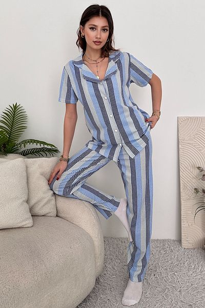 EYYE Set pijamale de damă din bumbac alb albastru