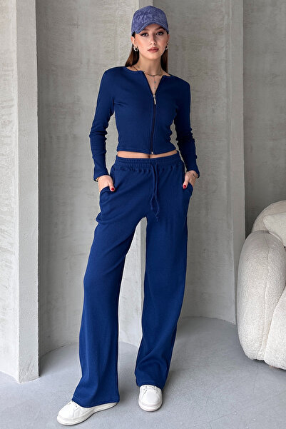 EYYE Sötétkék Camisole nadrág, cipzáras blúz, női alsó felső szett