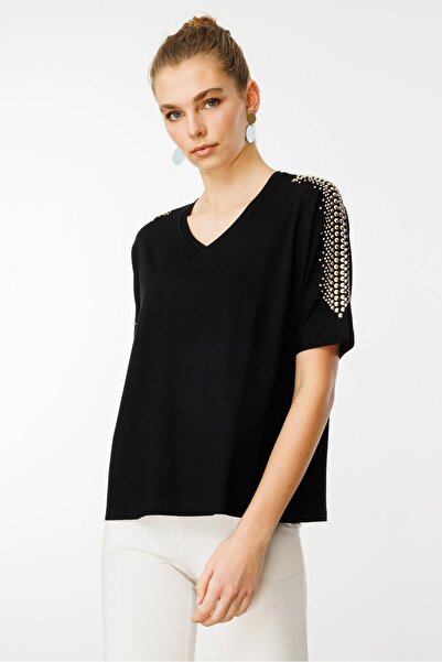 Desen Triko Kadın V Yaka Omuzları Taşlı Penye T-shirt Siyah