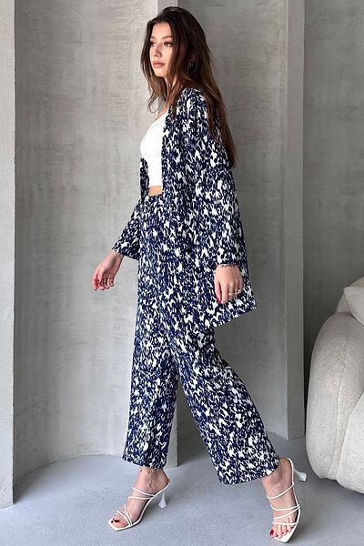 EYYE Navy Blue White Patterned Kimono Pants Women's Bottom Top Set