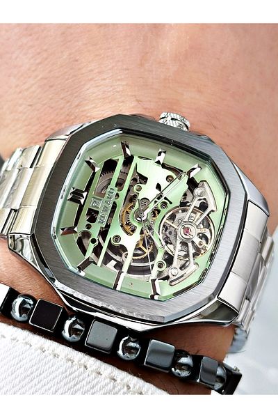 Reward Silver Color Automatic Skeleton Square Model Mechanism Men Wristwatch + Bracelet