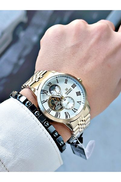 Reward Gold Color Automatic Mechanism Roman Numeral Men's Wrist Watch + Bracelet