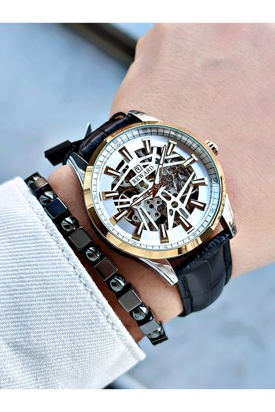Reward Black Color Leather Cord Skeleton Model Automatic Men Wrist Watch + Bracelet