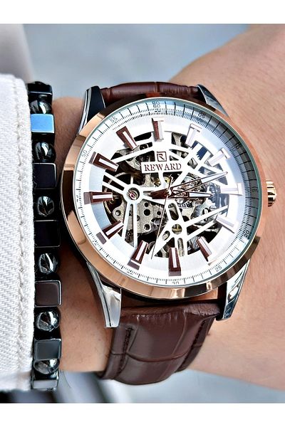 Reward Coffee Color Leather Cord Skeleton Model Automatic Men Wrist Watch + Bracelet