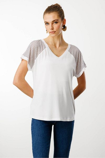 Desen Triko Tricou de damă, cu decolteu în V, cu umeri, din bumbac pieptănat, cu imprimeu cu pietre, alb