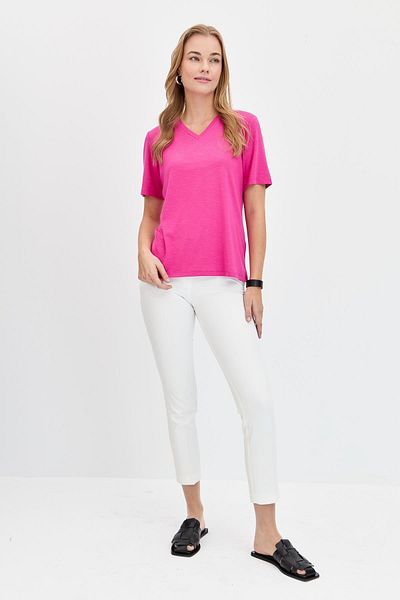 Desen Triko Women's V-Neck Flamed Fabric Basic T-Shirt Fuchsia