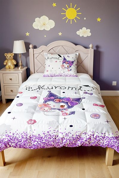 EVPANYA Purple Glitter and Cute Kuromi Patterned Single Quilt and Pillowcase