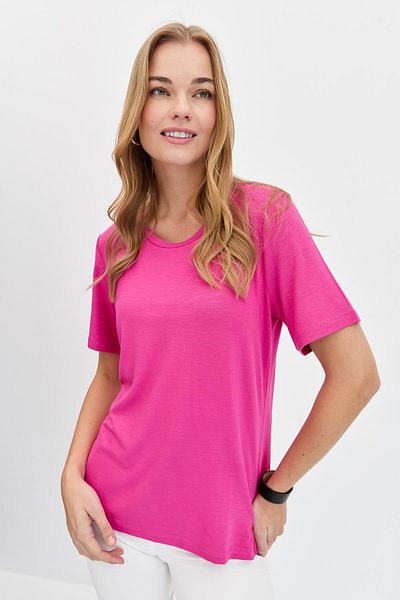 Desen Triko Tricou de damă, cu gât crew, din bumbac pieptănat, țesătură cu flacără, fucsia