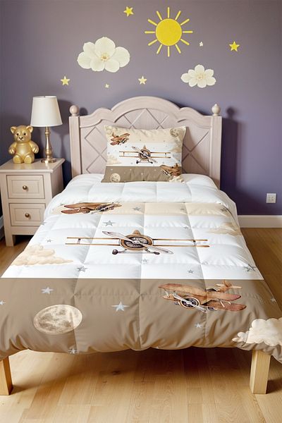 EVPANYA Striped Airplanes Patterned Single Duvet and Pillowcase