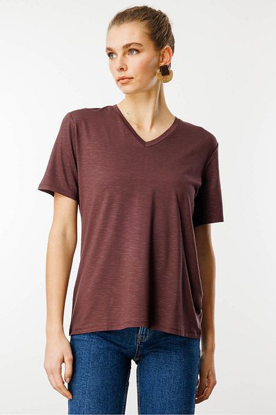 Desen Triko Tricou de bază din țesătură evazată cu decolteu în V, maro