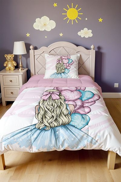 EVPANYA Blue Balloon Girl Patterned Single Quilt and Pillowcase