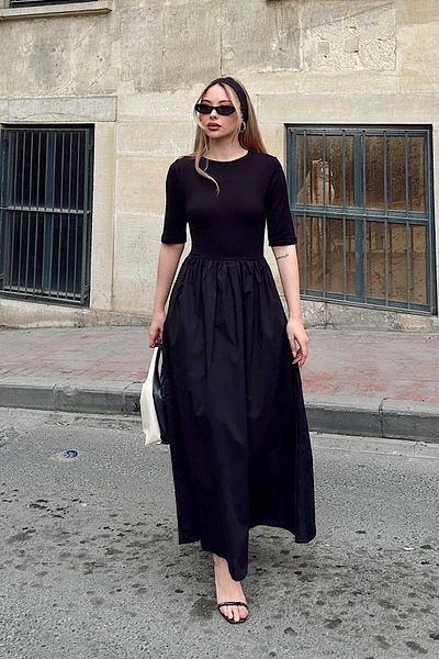 Swist Black Short Sleeve Combed Poplin Pocket Pleated Women's Midi Dress