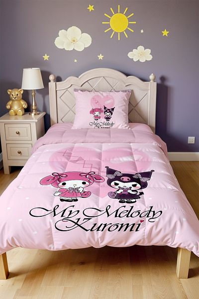 EVPANYA Pink Polka Dot My Melody and Kuromi Patterned Single Quilt and Pillowcase
