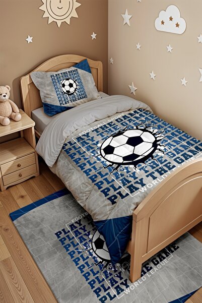 EVPANYA Mavi Gri Futbol Ligi Desenli Tek Kişilik Yorgan ve Yastık Kılıfı