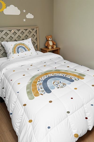 EVPANYA Green Floral Rainbow Patterned Single Duvet and Pillowcase