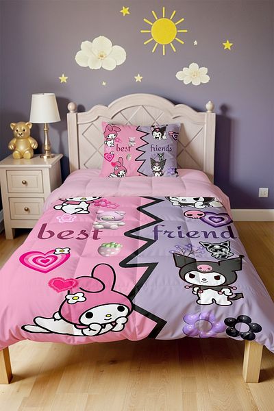 EVPANYA Best Friends Kuromi and My Melody Pattern Single Quilt and Pillowcase