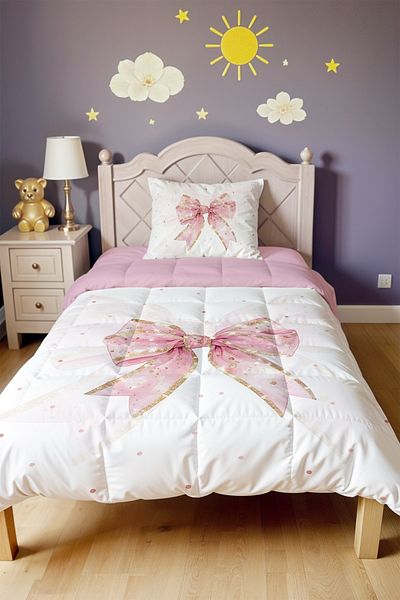 EVPANYA Pink Glitter Polka Dot Bow Patterned Single Quilt and Pillowcase