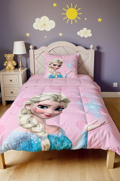 EVPANYA Pink Elsa Patterned Single Quilt and Pillowcase