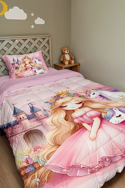 EVPANYA Unicorn Princess Patterned Single Duvet and Pillowcase