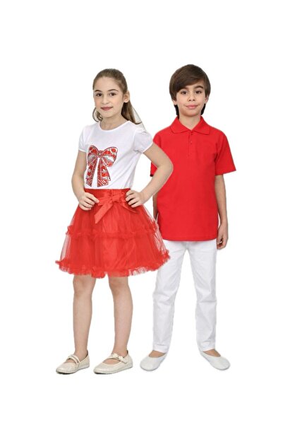 nacar çarşı Kız Erkek Çocuk 23 Nisan 29 Ekim 10 Kasım 19 Mayıs Gösteri Kıyafeti Desenli T-shirt Etek Takım 4LÜ