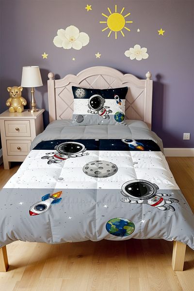 EVPANYA Navy Blue Gray Space and Tiny Astonaut Patterned Single Quilt and Pillow Case