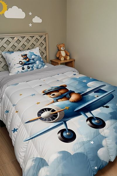 EVPANYA Blue Airplane Teddy Bear Patterned Single Quilt and Pillowcase