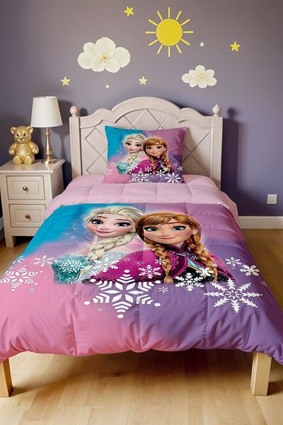 EVPANYA Pink Blue Elsa Patterned Single Duvet and Pillowcase