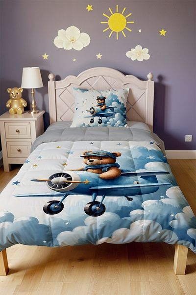EVPANYA Blue Airplane Teddy Bear Patterned Single Quilt and Pillowcase