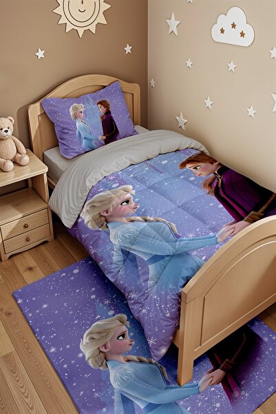 EVPANYA Yağan Karlı Elsa Anna Desenli Tek Kişilik Yorgan ve Yastık Kılıfı