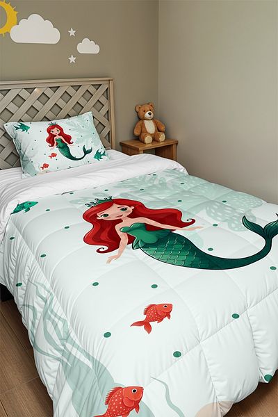 EVPANYA Red Mermaid Patterned Single Duvet and Pillowcase