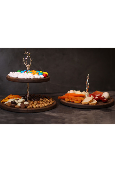 Rabo Craft 2-Tier and Single-Tier Silver Tree Handle Patterned Handle Wooden Presentation Rack Stand, Serving Presentation Plate,