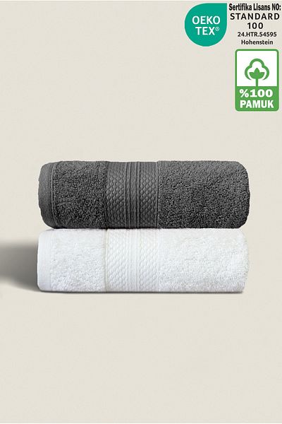 Ellaline Towel Set of 2 100% Cotton Certified, Hand / Face / Kitchen Towel Set Anthracite - White - 50X80Cm