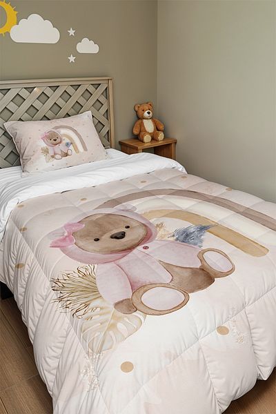 EVPANYA Cream Teddy Bear Patterned Single Quilt and Pillowcase