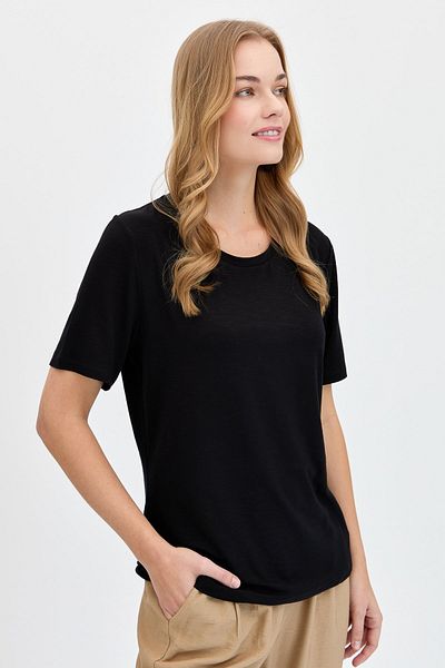 Desen Triko Tricou din bumbac pieptănat din țesătură evazată cu decolteu negru pentru femei
