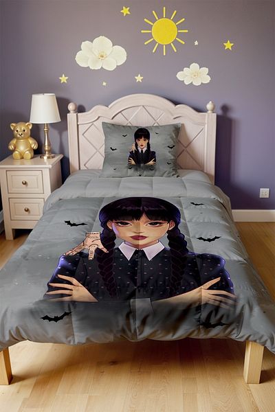 EVPANYA Gray Wednesday Addams Patterned Single Quilt and Pillowcase