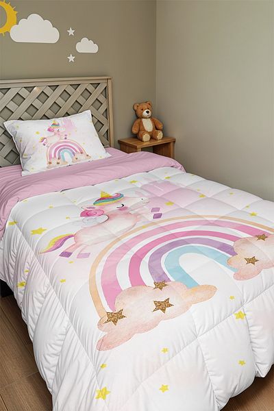 EVPANYA Unicorn Flying in the Rainbow Patterned Single Quilt and Pillowcase