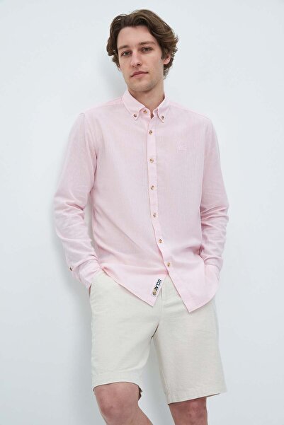 UCLA Ανδρικό πουκάμισο JACQUEZ Candy Pink Λινό Κεντημένο Standard Fit