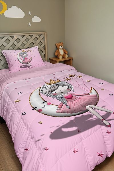 EVPANYA 3D Pink Princess Sitting on the Moon Patterned Single Quilt and Pillowcase