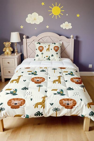 EVPANYA Plain Pastel Colored Safari Patterned Single Quilt and Pillowcase