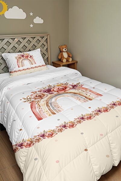 EVPANYA Puantiyeli Güllü Gökkuşağı Desenli Tek Kişilik Yorgan ve Yastık Kılıfı