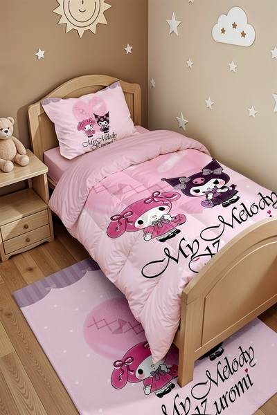 EVPANYA Pink Polka Dot My Melody and Kuromi Patterned Single Duvet and Pillowcase