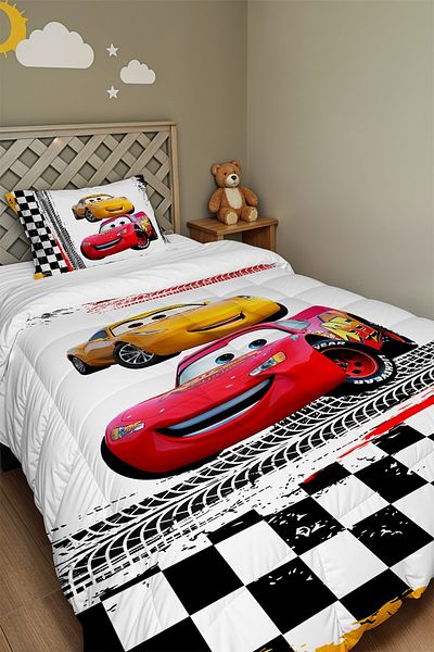 EVPANYA Checkered Mcqueen Patterned Single Quilt and Pillowcase