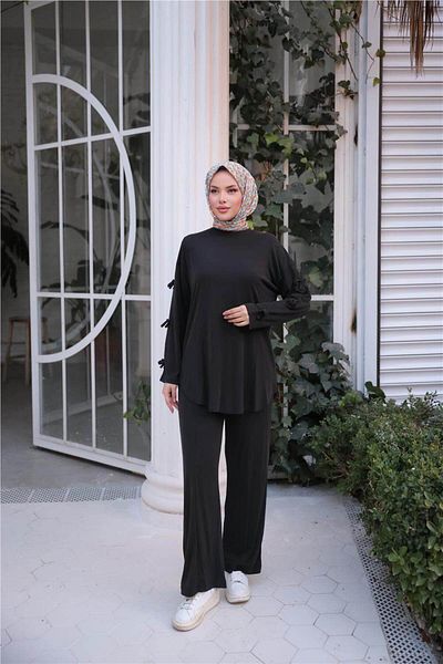 Bwest O Neck Sleeves Ribbons Detailed Double Hijab Tracksuit Set - (38-46) - 71251 - Black