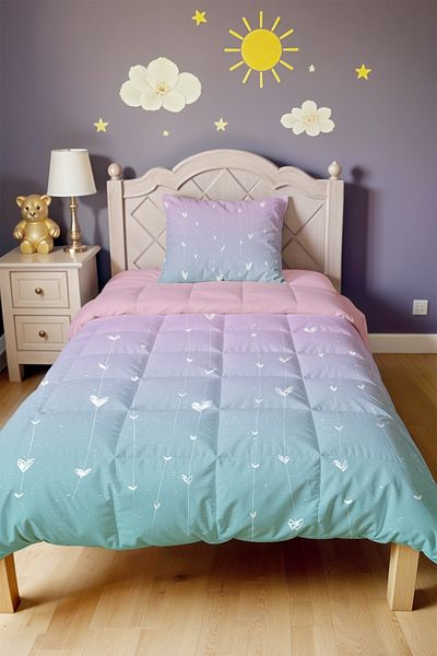 EVPANYA Pink Blue Hearts Patterned Single Duvet and Pillowcase