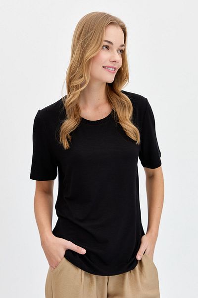 Desen Triko Tricou din bumbac pieptănat din țesătură evazată cu decolteu negru pentru femei