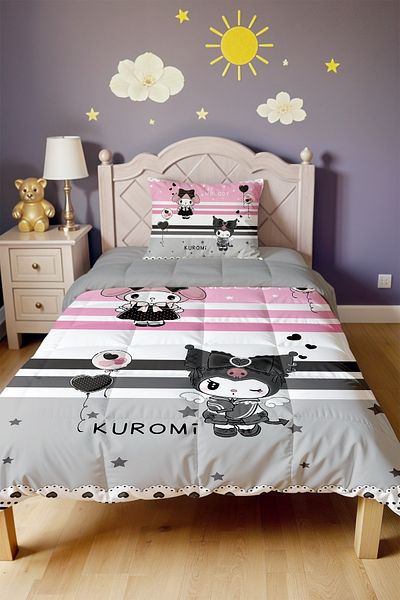 EVPANYA Striped My Melody and Kuromi Patterned Single Quilt and Pillowcase