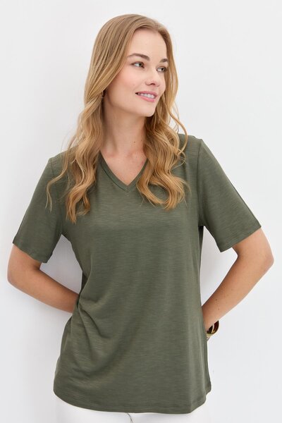 Desen Triko Ženska majica sa V-izrezom i širokim rukavima Osnovni kaki boje