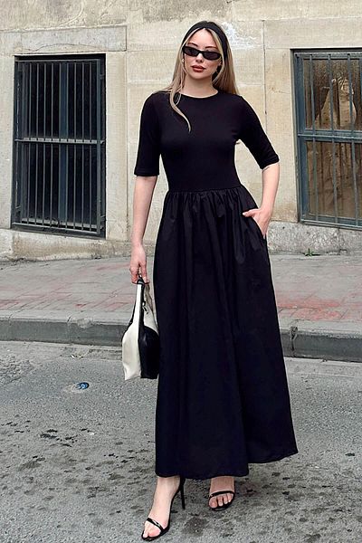Swist Black Short Sleeve Combed Poplin Pocket Pleated Women's Midi Dress